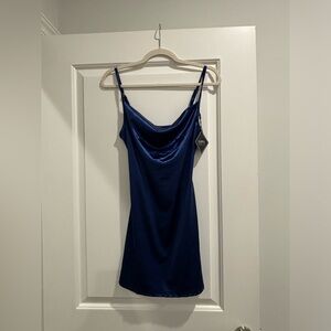 Zaful Satin Spaghetti Strap Cowl Neck Mini Dress Navy Blue